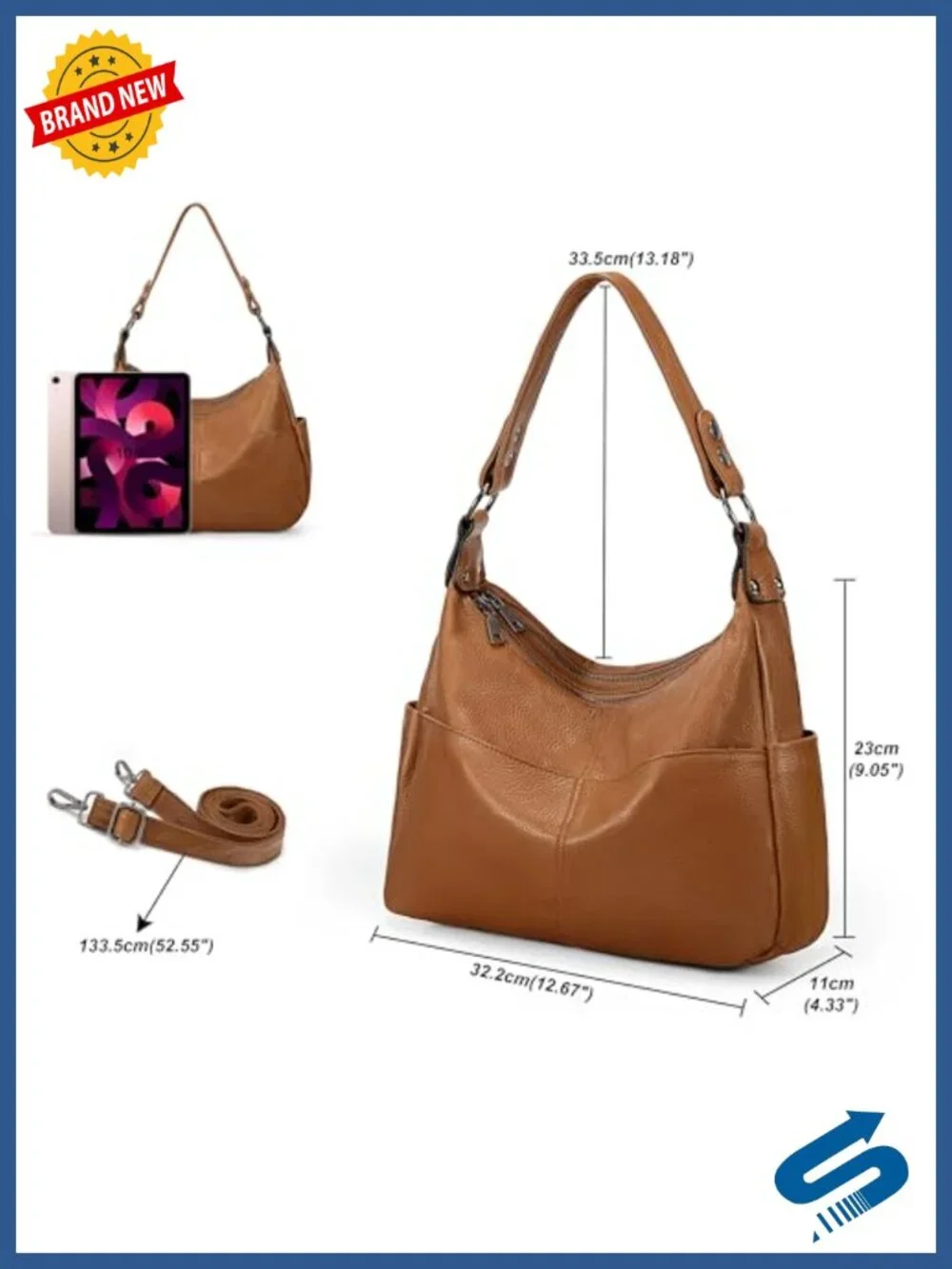 Genuine Leather Convertible Shoulder Bag with 2 Straps, Handbag Purse, Hobo